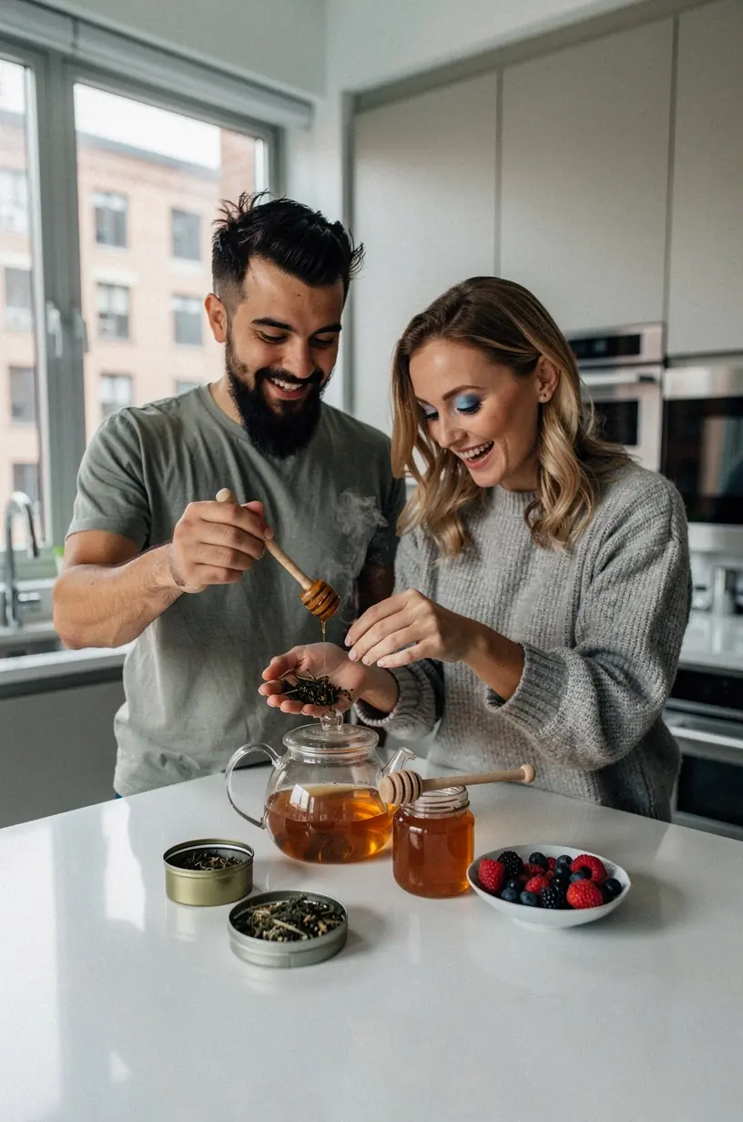 Rytinės arbatos ceremonijos momentas su šviesiu fonu ir ramia atmosfera, skatinantis kasdienį ritualą.