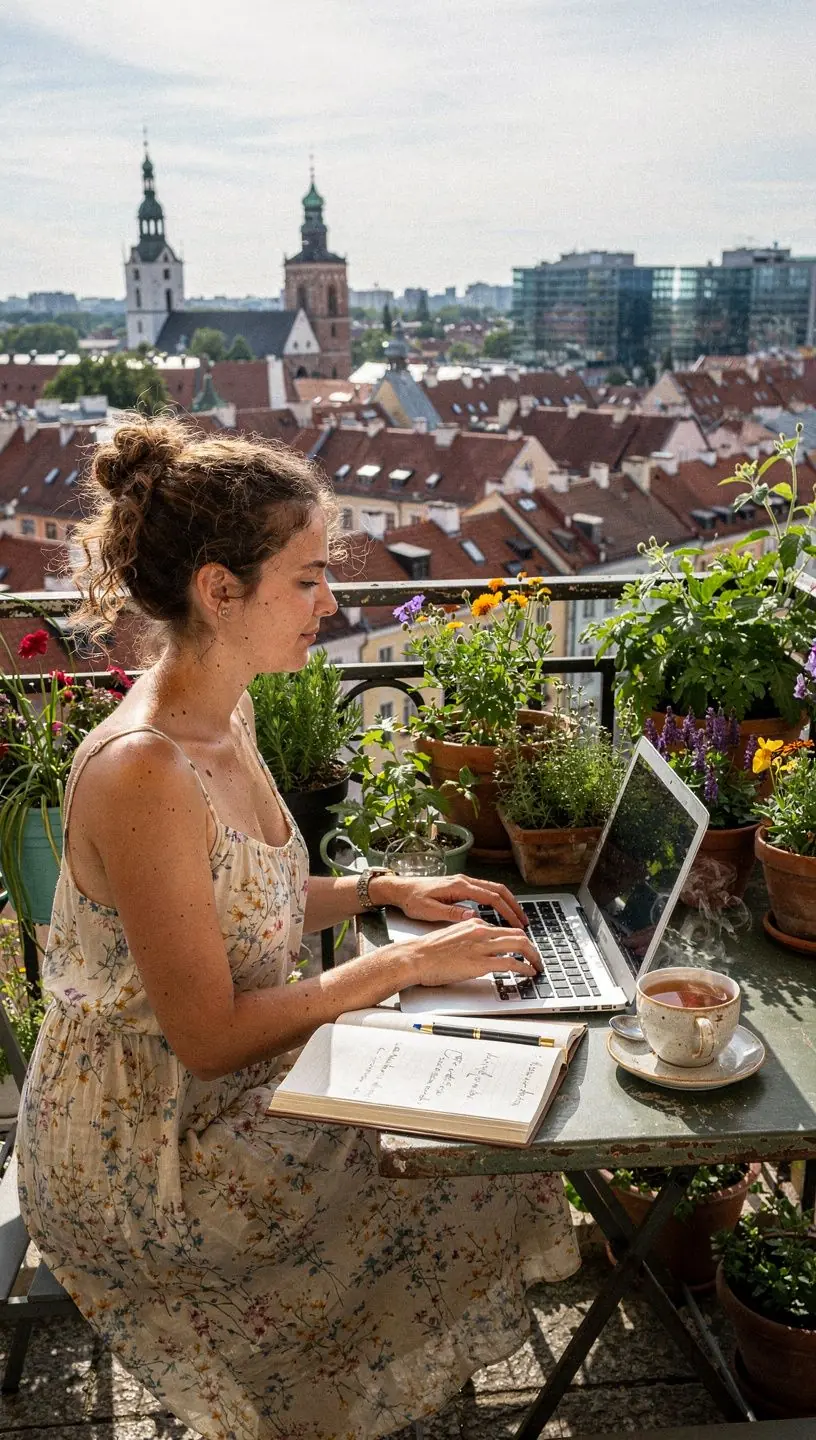 Rankos laikantys arbatos puodelį, fone matomas langas su natūralia dienos šviesa, perteikiantis ramybę ir atsipalaidavimą.