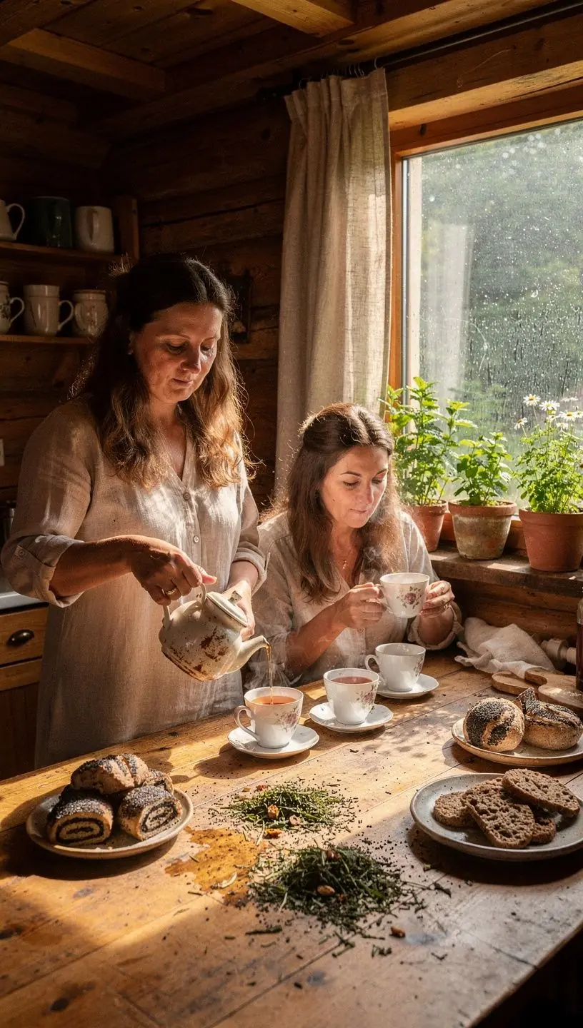 Žmogaus ranka pilantią žolelių arbatą į skaidrų stiklinį puodelį, akcentuojanti natūralius ingredientus.